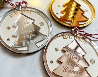 Boule de Noël Famille Personnalisable, Jusqu'a 6 prénoms au choix - bois et miroir - christmas ornament
