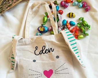 Easter egg hunt rabbit tote bag, PERSONALIZE with the first name of your choice - FREE embroidery