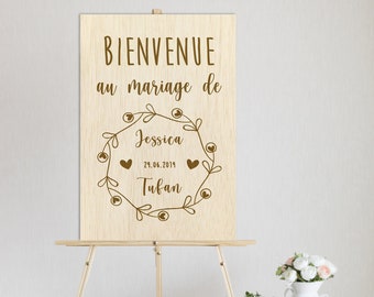 Panneau de bienvenue en bois pour Mariage ou décoration à personnaliser Prénoms au choix, panneau d'accueil n1