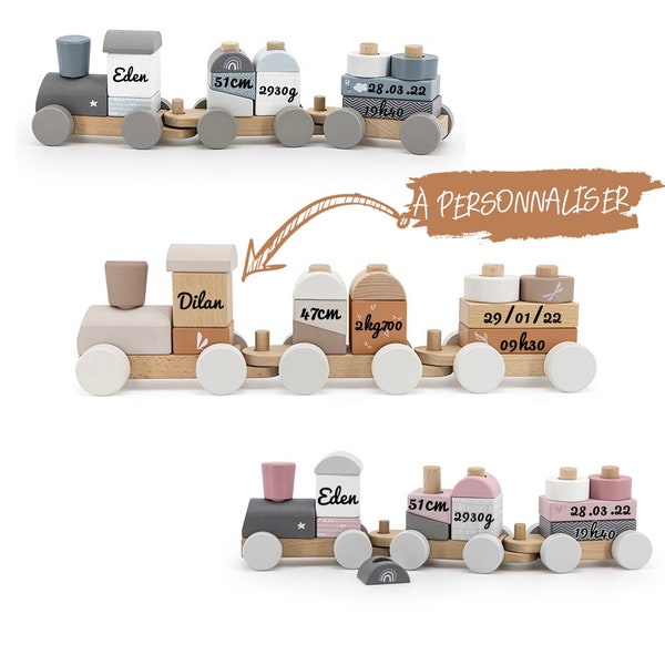 Wooden train to personalize with first name date weight height - your choice