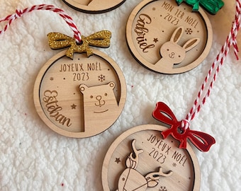 Boule de Noël ornament Personnalisable , Prénom au Choix - Mon Premier noël - Lapin/Ours/Biche/pingouin - Ornament Christmas