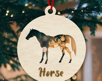 Boule de Noël Nos amis les chevaux - à personnaliser - Bois et miroir/paillette- cheval