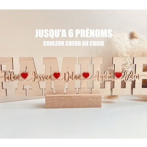 Wooden word FAMILY to personalize up to 6 first names - HEART of your choice - gift idea