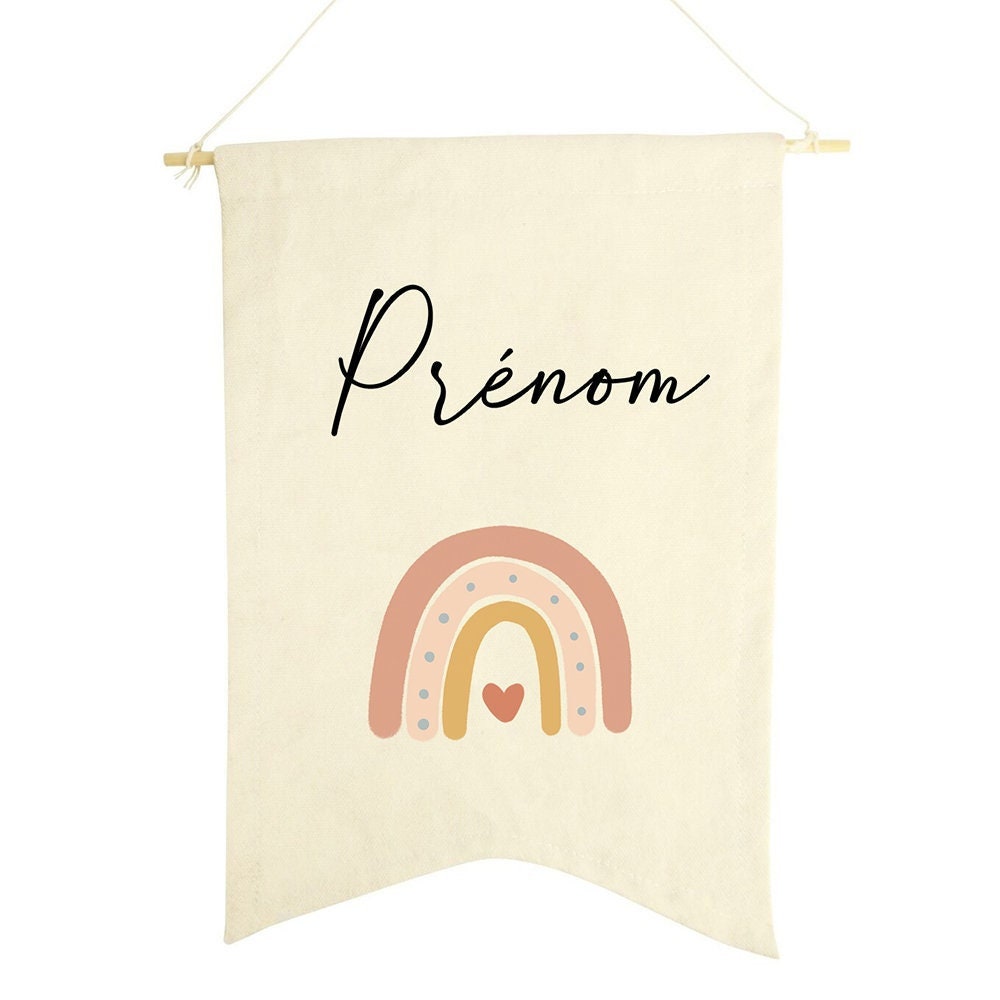 Fanion Décoratif Personnalisé Arc en Ciel Brodé Prénom Au Choix