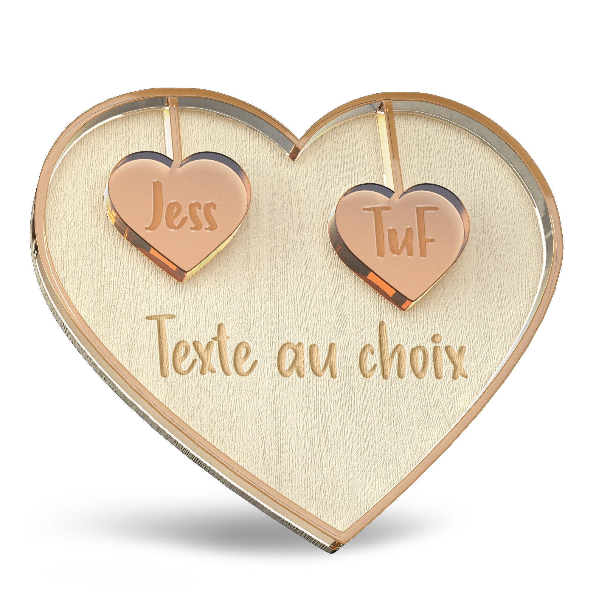 Coeur en Bois Aimant Magnet Personnalisable, Jusqu'a 5 Prénoms Au Choix - Bois et Miroir/Paillette C