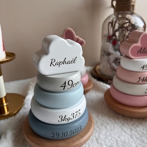 Peut inclure: Un jouet d'empilage en bois blanc avec un sommet en forme de nuage qui dit "Raphaël". Le jouet a également des anneaux avec les mesures "49cm", "3kg 375" et "29.10.2023" inscrites dessus.