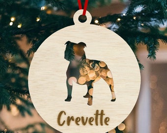 Boule de Noël Nos amis les chiens - à personnaliser - Bois et miroir/paillette-chihuahua staff Jack Bull terrier labrador Husky