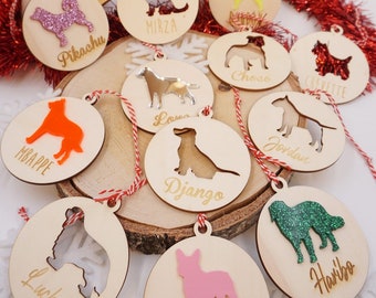 Boule de Noël Nos amis les chiens - à personnaliser - Bois et miroir/paillette- Husky chihuahua staff Jack Bull terrier labrador