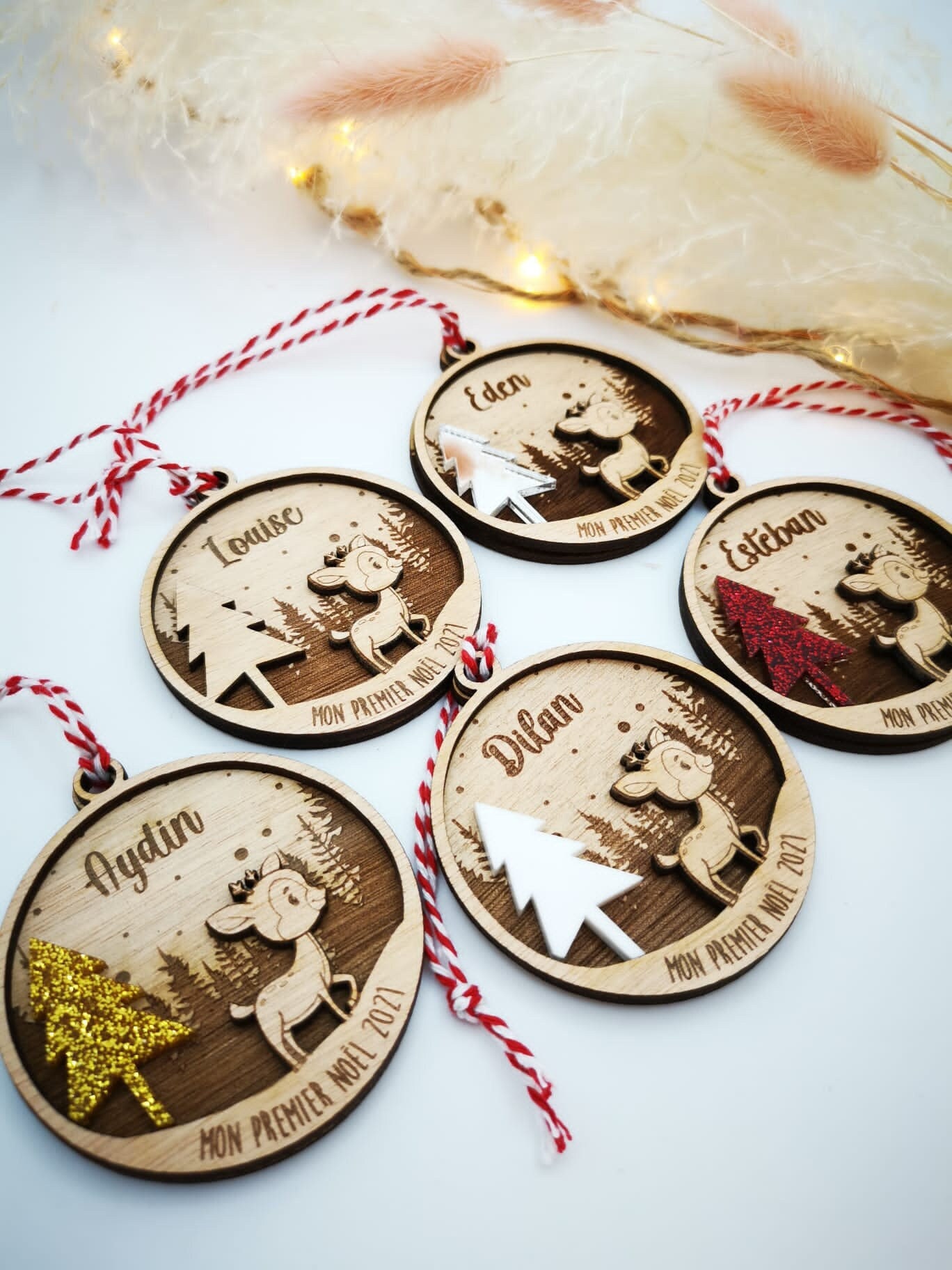 Boule de Noël Ornament Personnalisable , Prénom Au Choix - Mon Premier Noël Faon/Biche