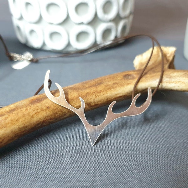 Silver Leather Antler Stag Deer Necklace Pendant Handmade Sterling Silver