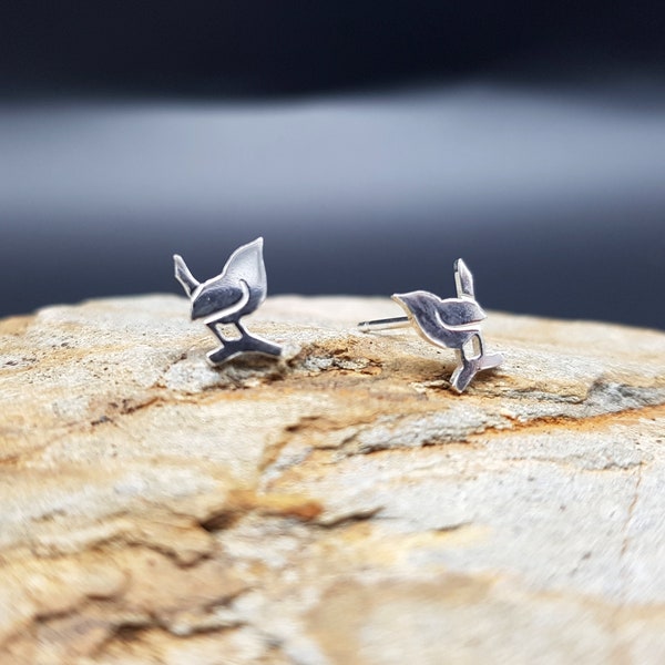 Bird Wren Stud Small Earrings Silver Handmade Sterling Silver