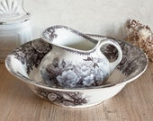 RARE 1800s Antique French SARREGUEMINES Ironstone Washing Set,Black Transferware Pitcher and Bowl