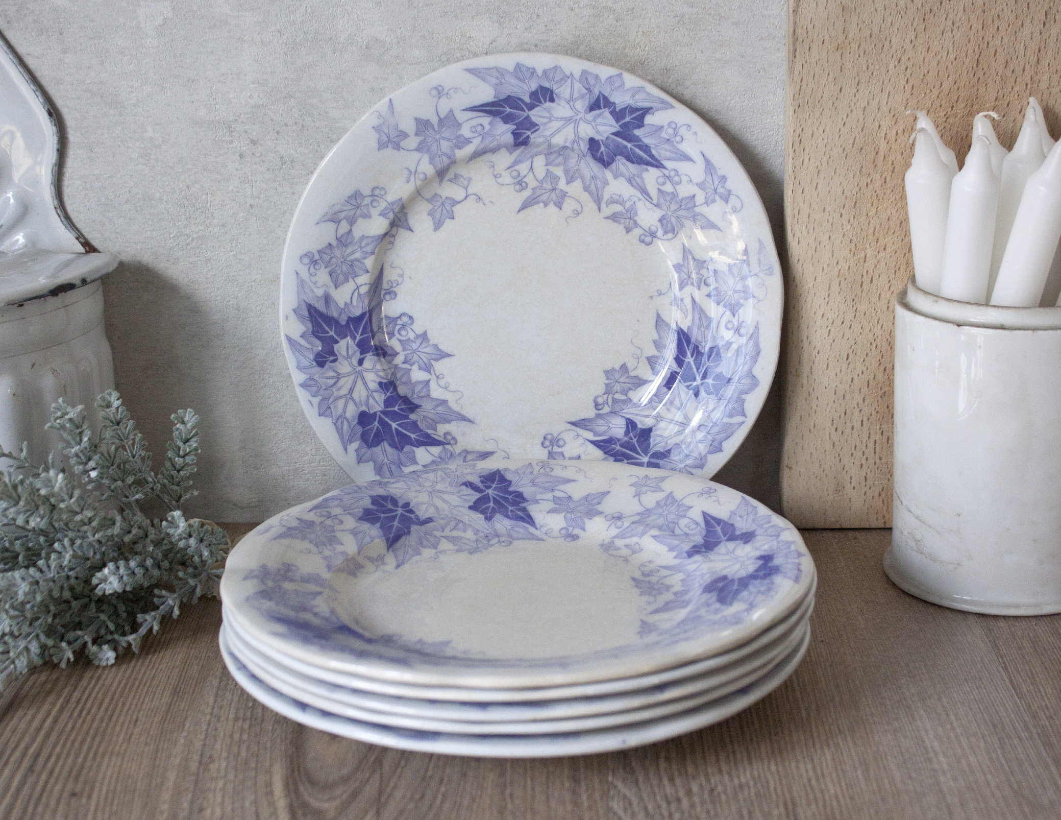 Ensemble de 6 Belles Assiettes Anciennes en Terre Fer Sarreguemines, Décor Floral Lavande