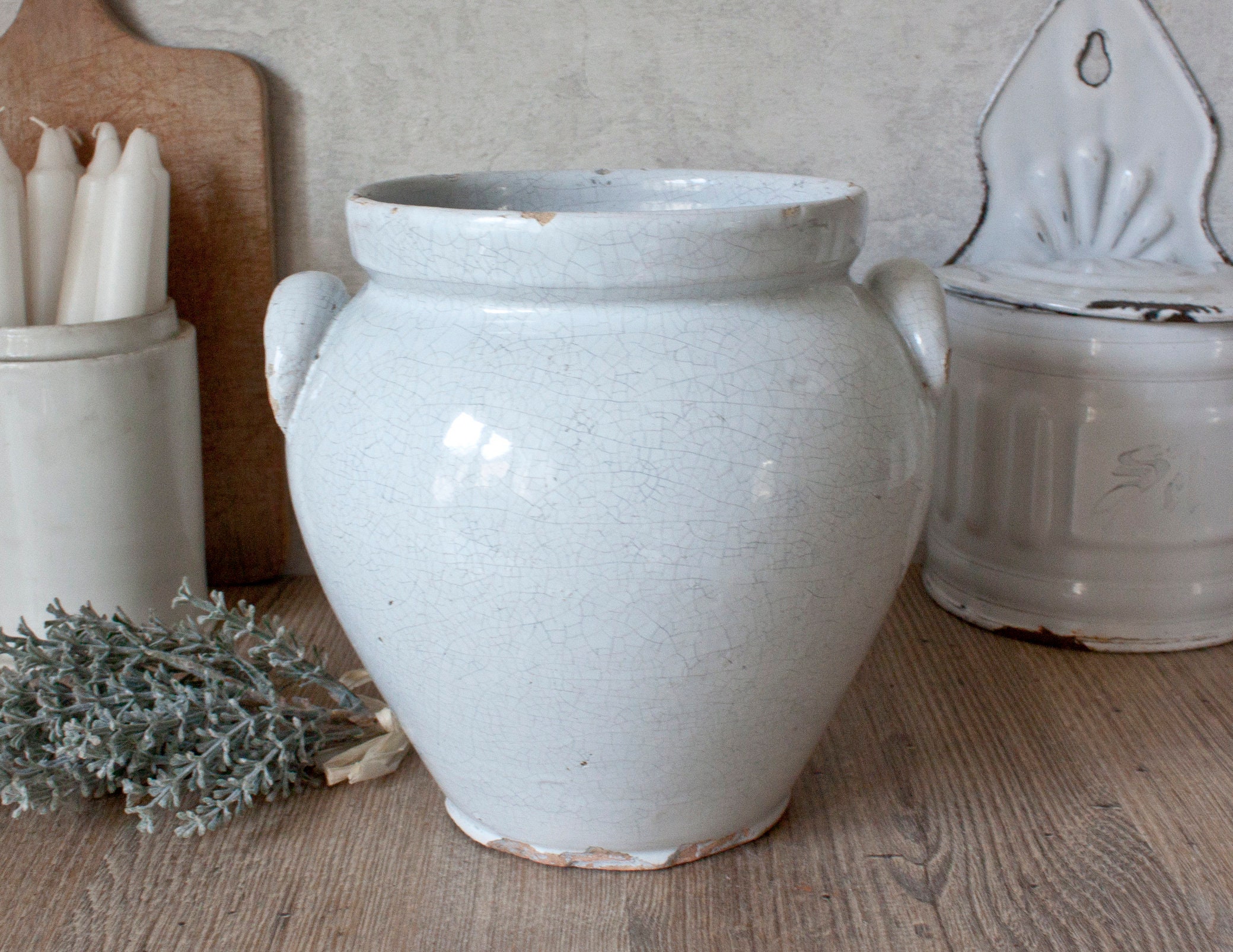 Jarre Ancienne en Terre Cuite Vernissé Gris Clair Xixème