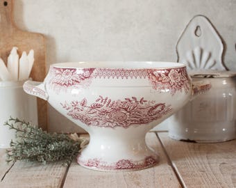 Sopera antigua Sarreguemines de hojalata con decoración floral rosa, principios del siglo XX.