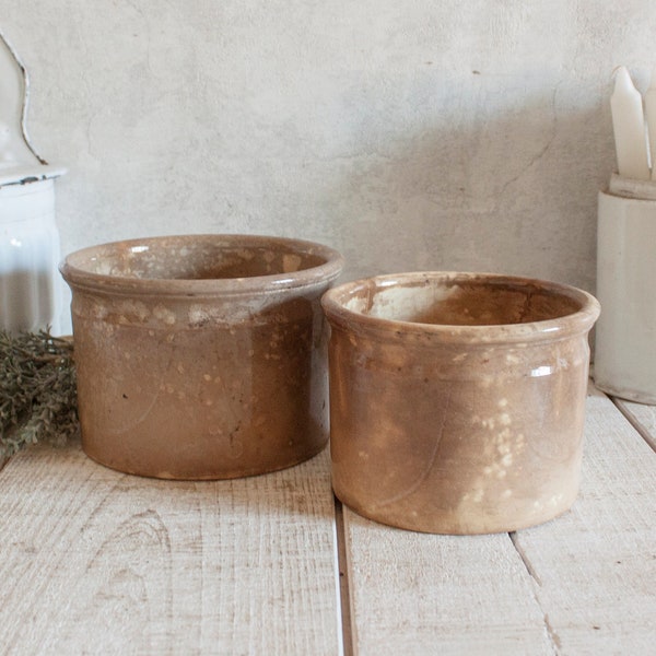 1800s Set of 2 Antique French DIGOIN SARREGUEMINES Tea-stained Ironstone Jam Jars