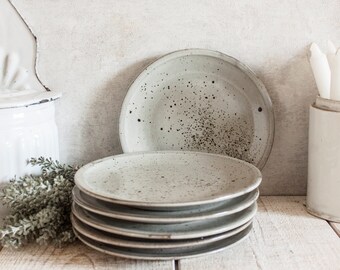 Set of 6 Vintage French Small Handcrafted Glazed Speckled Gray Stoneware plates