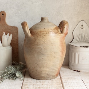 1850s Antique French Mat beige brown Stoneware Demijohn