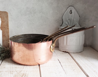Set of 5 Antique French Hammered Copper Pans