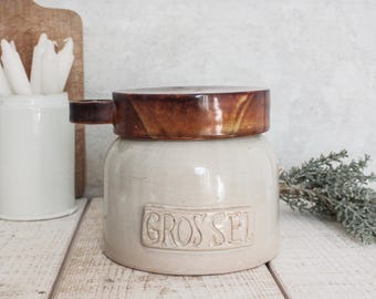 Vintage French ARTS CERAM Grand Feu Beige and Brown Stoneware Coarse Salt Pot