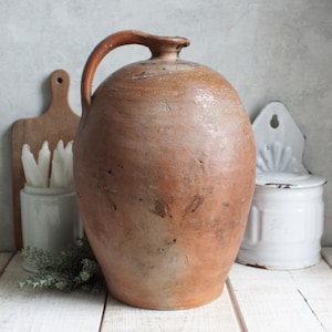 1800s XXL Antique French Stoneware Oil Jug, Brown Shades