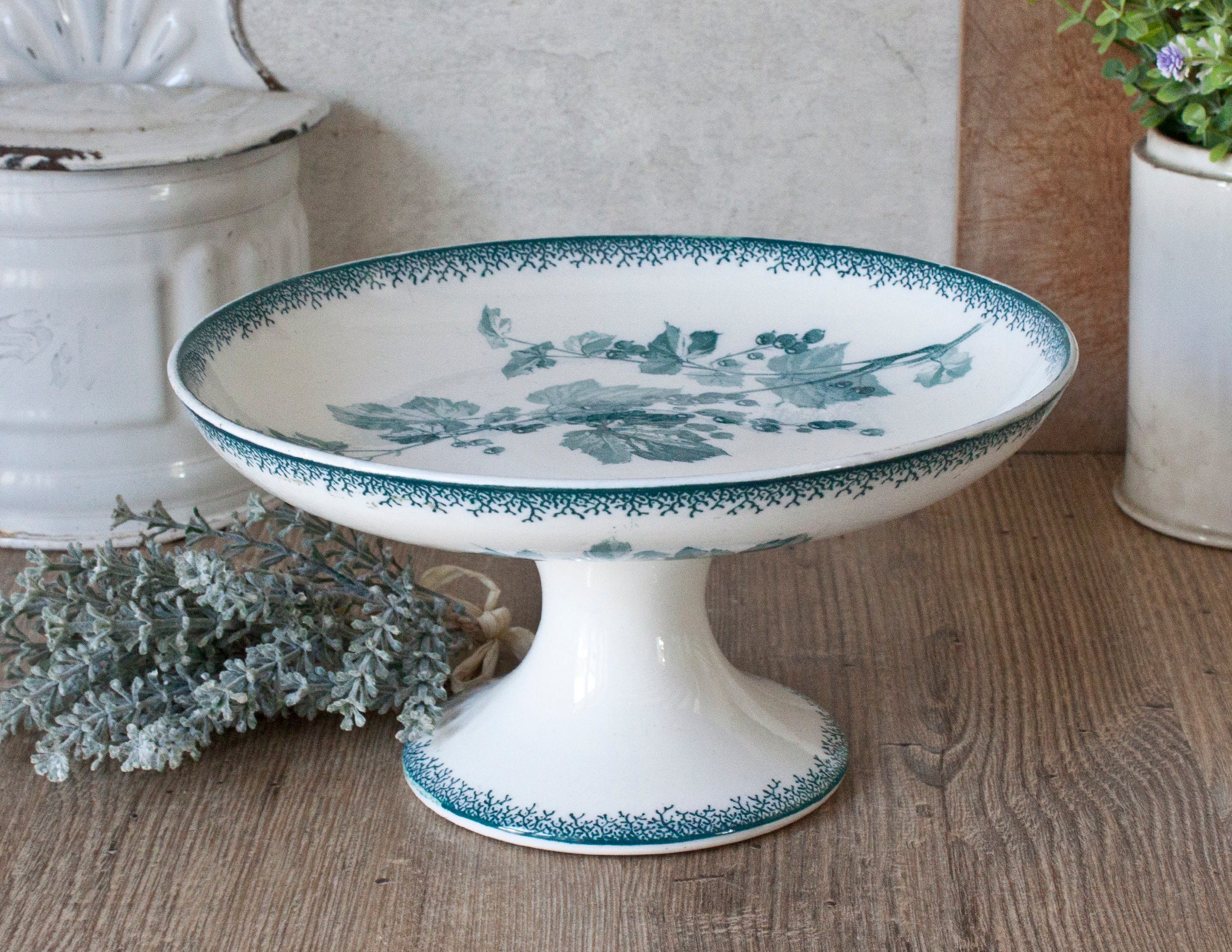 Superbe Compotier Ancien U&c Sarreguemines en Faïence Blanche Décor Floral Bleu Turquoise