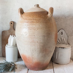 XXL HUGE Antique French Mat beige brown Stoneware Oil Jug