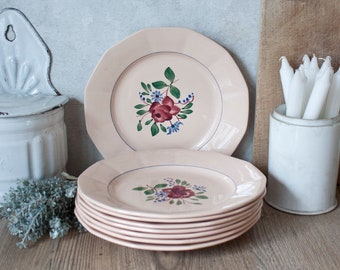 Ensemble de 8 assiettes DIGOIN SARREGUEMINES en Porcelaine Rose Pâle décor fleurs