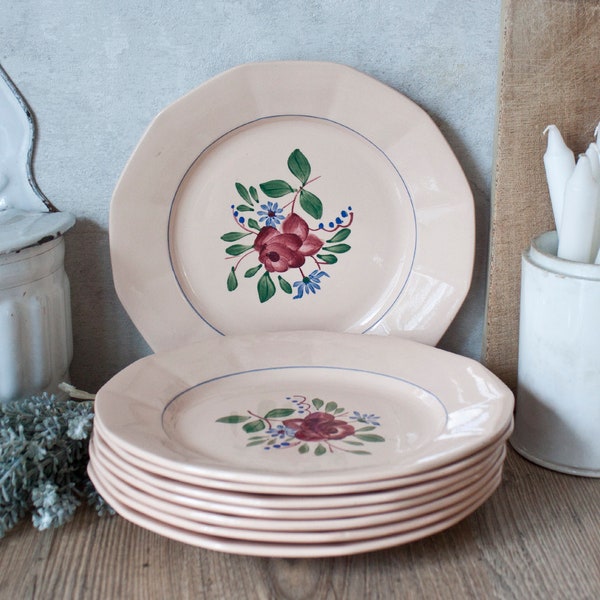 Ensemble de 8 assiettes DIGOIN SARREGUEMINES en Porcelaine Rose Pâle décor fleurs