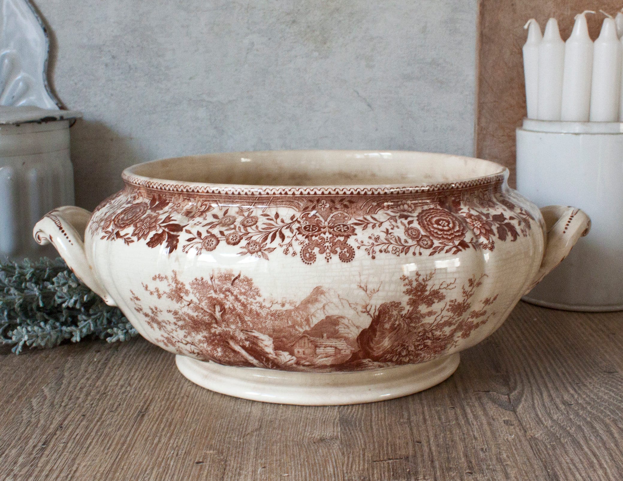 Corps de Soupière Ancien Villeroy & Boch en Terre Fer Décor Sépia, Début Xxème