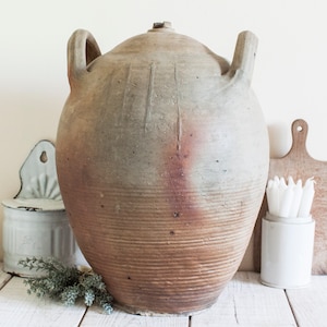 XXL HUGE Antique French Mat beige brown Stoneware Oil Jug