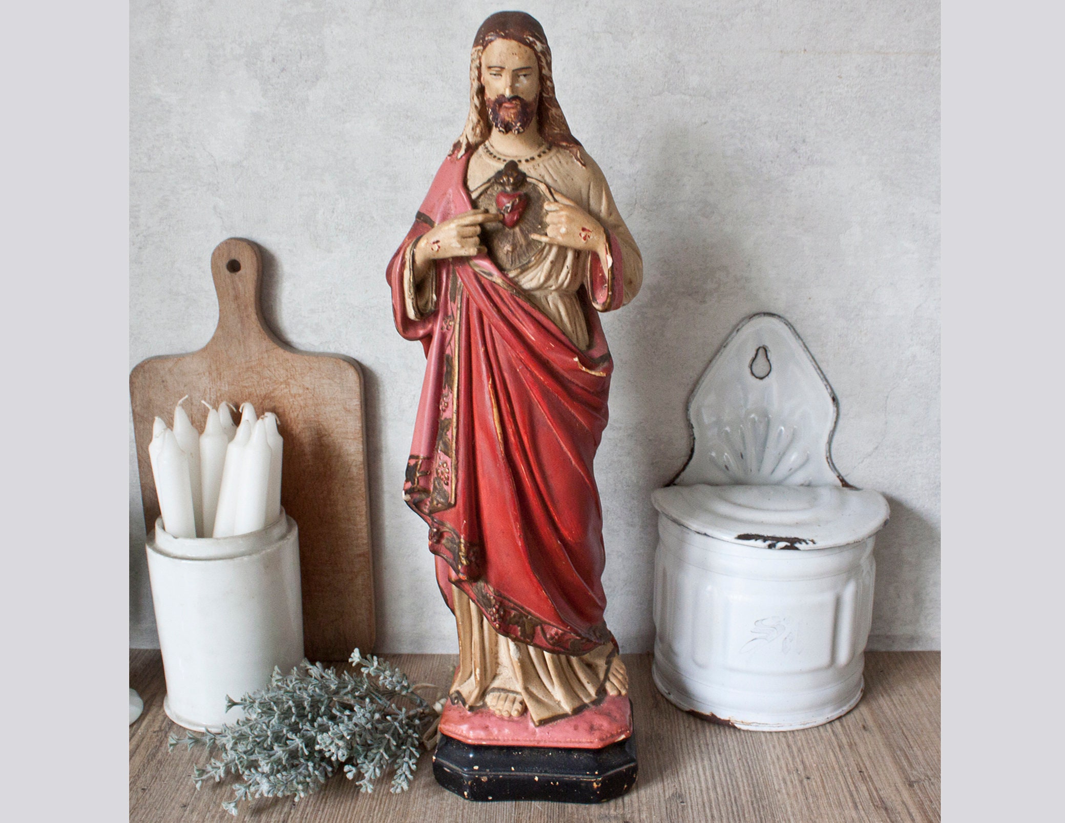 statue Ancienne en Plâtre Sacré-Cœur de Jésus