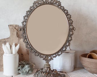 Large Vintage Brass Plated Oval Footed Mirror Victorian Style
