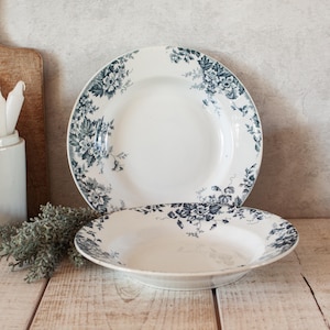 Set of 2 Gorgeous Antique French SAINT-AMAND Marie-Louise Ironstone Soup Plates, Blue Floral Decor