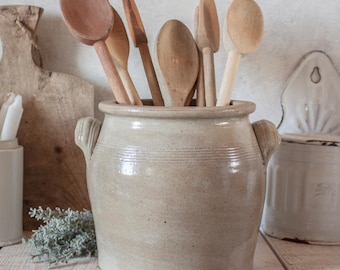 Antique French Beige Glazed Stoneware Confit Pot