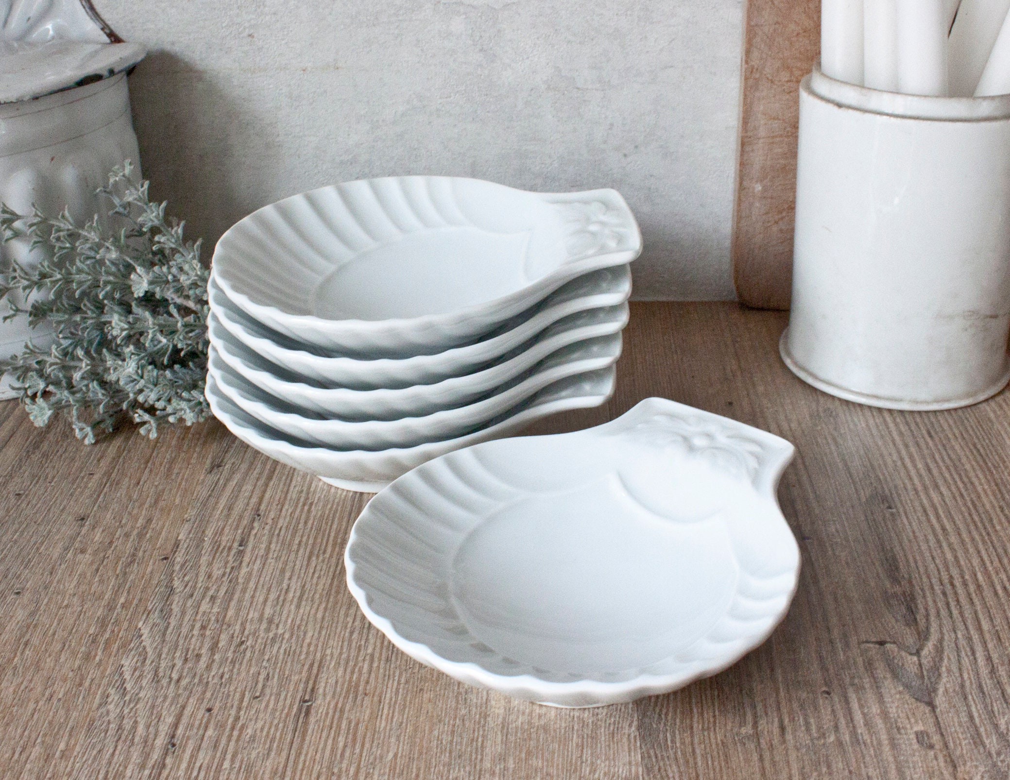 Ensemble de 6 Coupelles Vintage en Porcelaine Blanche, Forme Coquillage