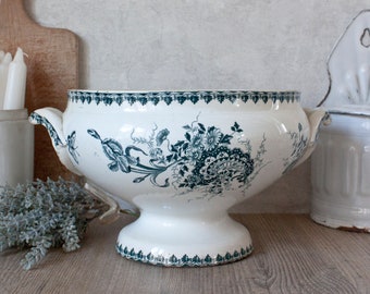 1900s Antique French SAINT-AMAND White Ironstone Footed Base Tureen, Blue transferware Decor