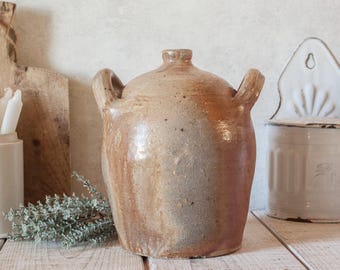 1800s Antique French beige brown Stoneware Demijohn
