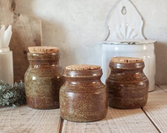 Set of 3 Vintage French Brown Stoneware Kitchen Jars with cork lids