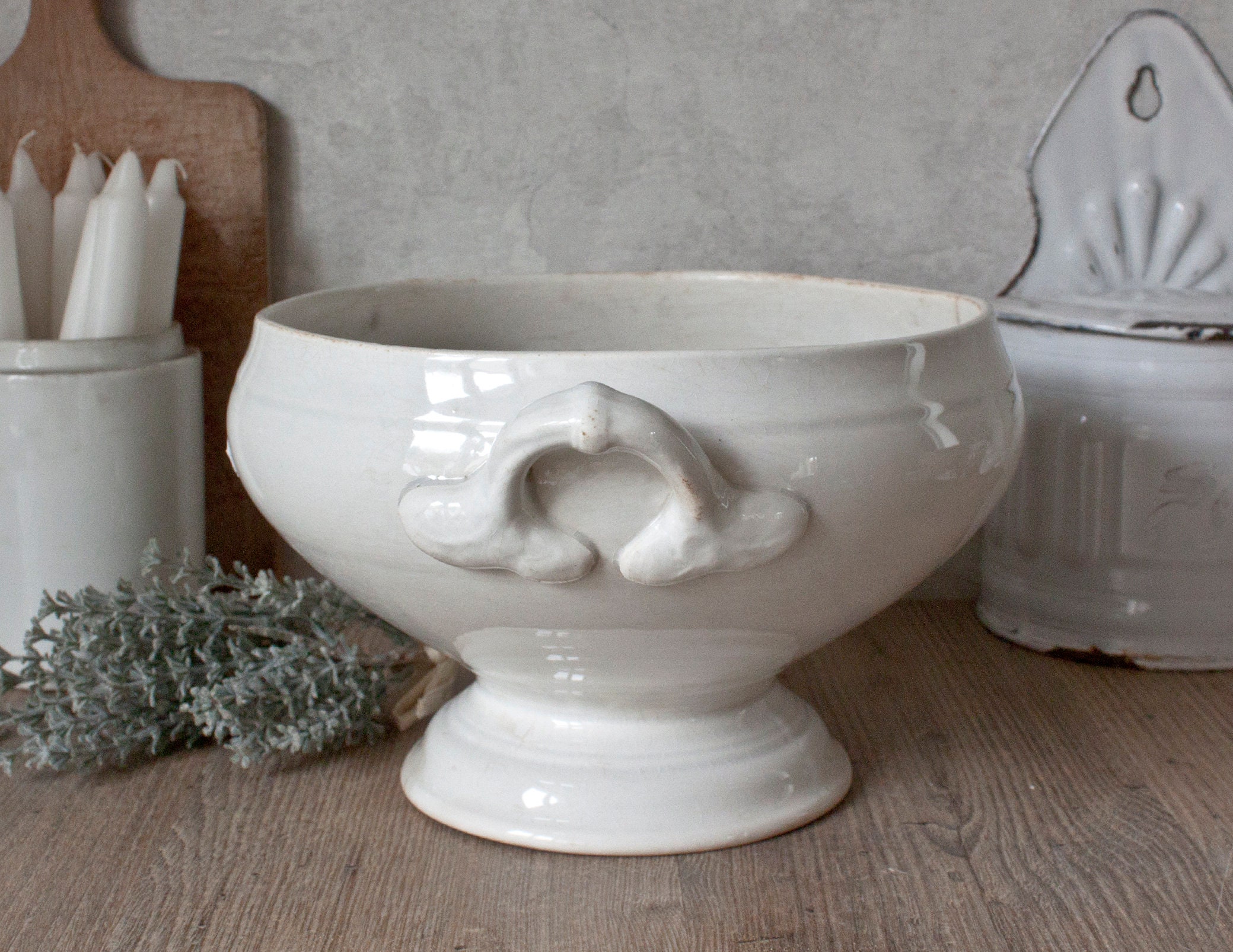 Corps de Soupière Ancienne Creil & Montereau Terre Fer Blanc, Pied Douche