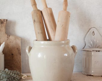 Antique French Beige Glazed Stoneware Confit Pot