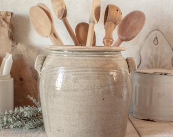 Large Antique French Beige Glazed Stoneware Confit Pot