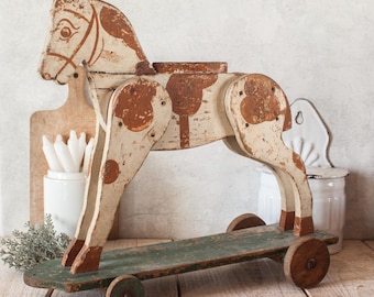 Antique French Wooden Horse Toy on Wheels