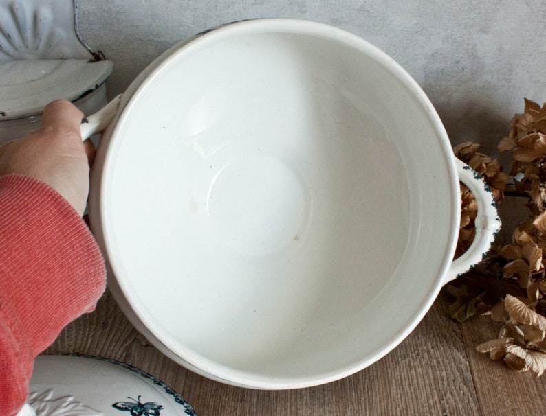 1900s Antique French SAINT-AMAND White Ironstone Footed Tureen Blue transferware Decor