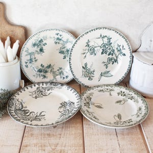 Collection of 4 Gorgeous Antique French Ironstone Plates, Blue & green Transferware Decor