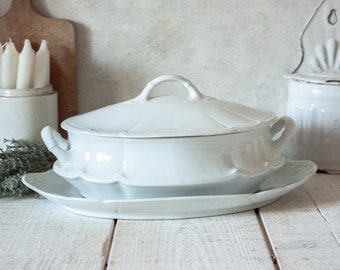 Vintage French LIMOGES white Porcelain Tureen & Platter