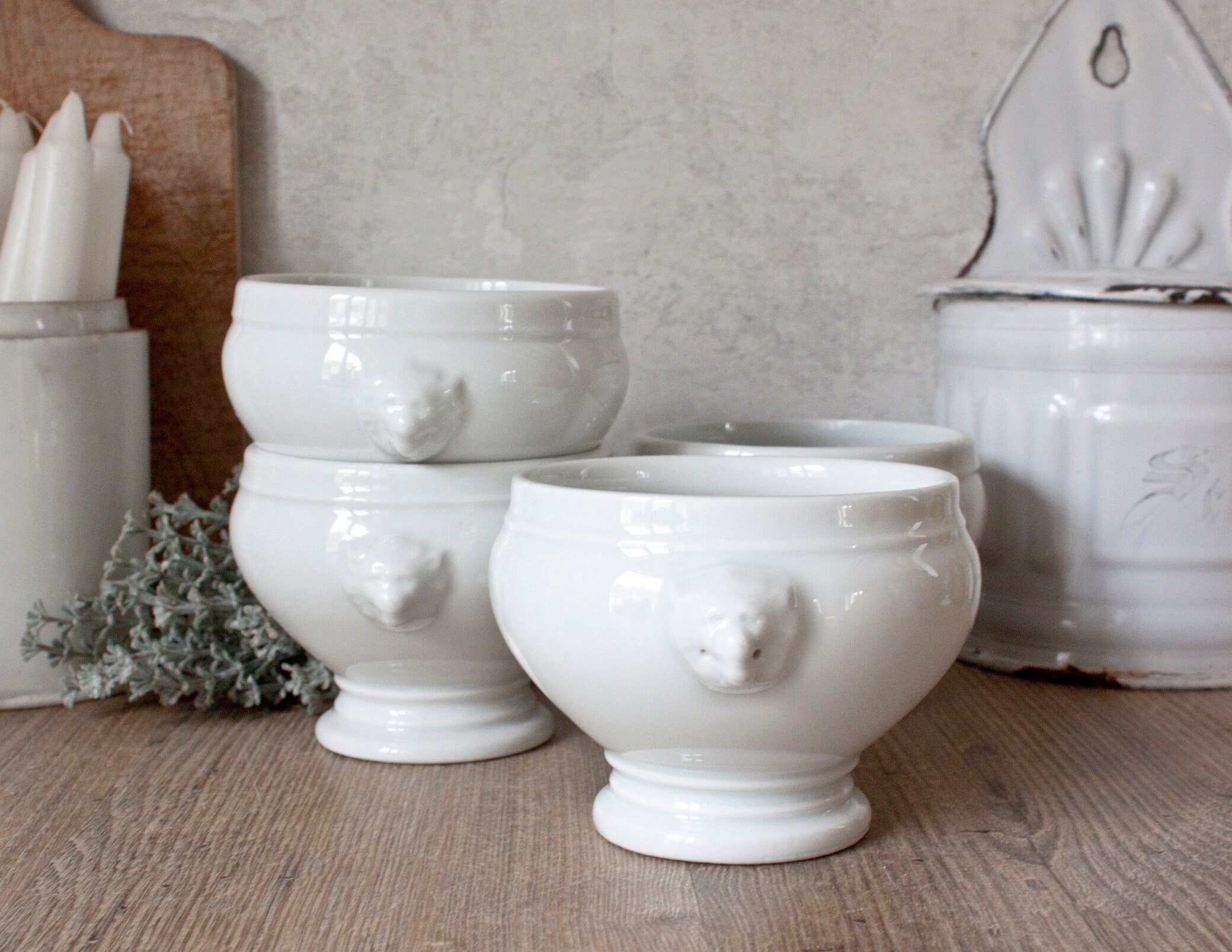 Ensemble de 4 Bols Vintage en Porcelaine Blanche, Têtes Lion