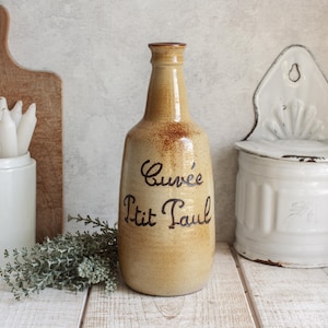 Vintage French Cuvée Ptit Paul Glazed beige brown Stoneware Bottle 1 liter