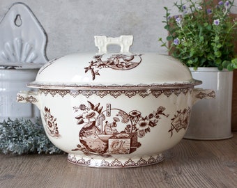 1800s Gorgeous Antique French CLAIREFONTAINE White Ironstone tureen, transferware sepia Japanese decor