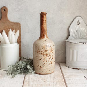 Antique French Glazed beige brown Stoneware Bottle 1 liter